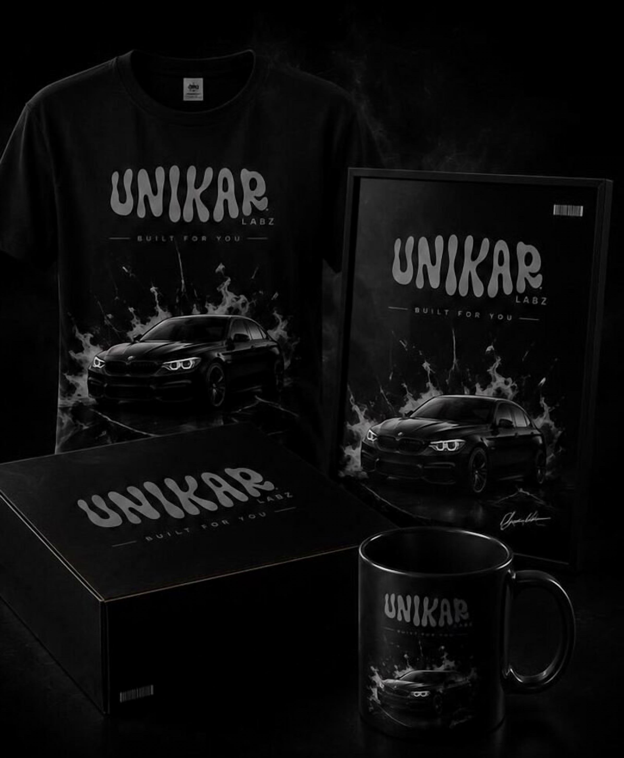 Kit UNIKAR — camiseta, quadro e caneca com arte automotiva